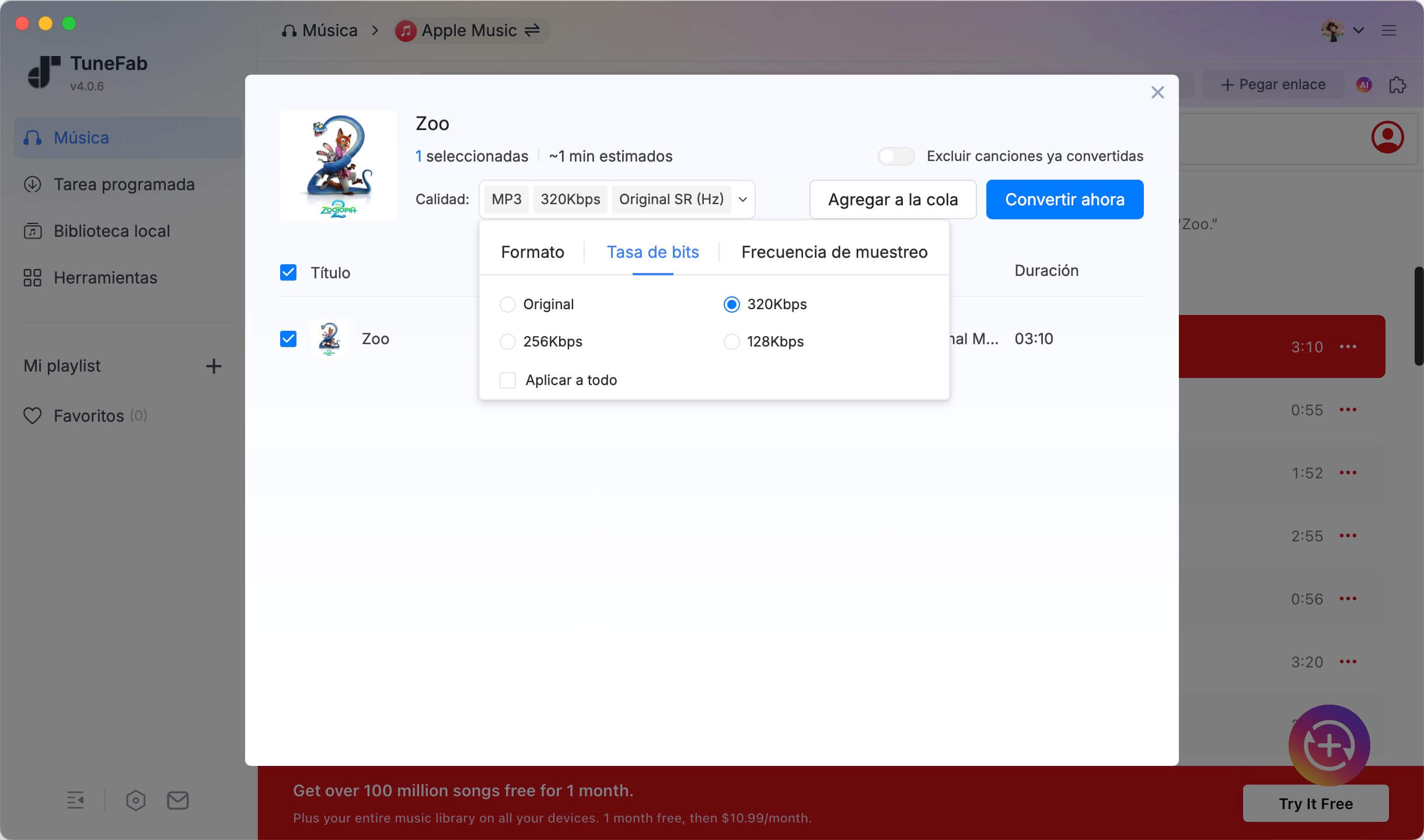 Seleccionar 320 kbps al convertir Apple Music con TuneFab