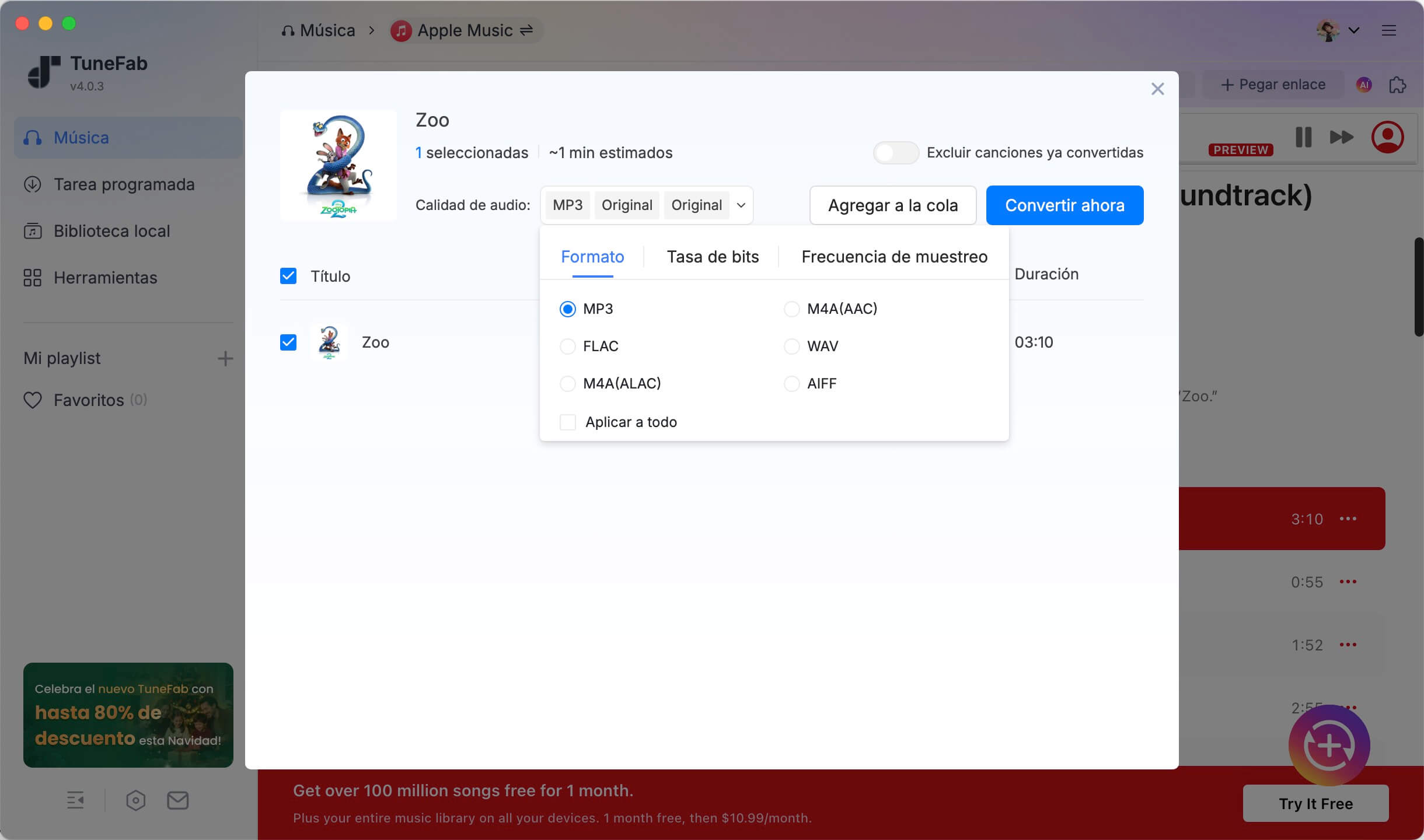 Seleccionar formato de salida MP3 o FLAC al convertir Apple Music con TuneFab