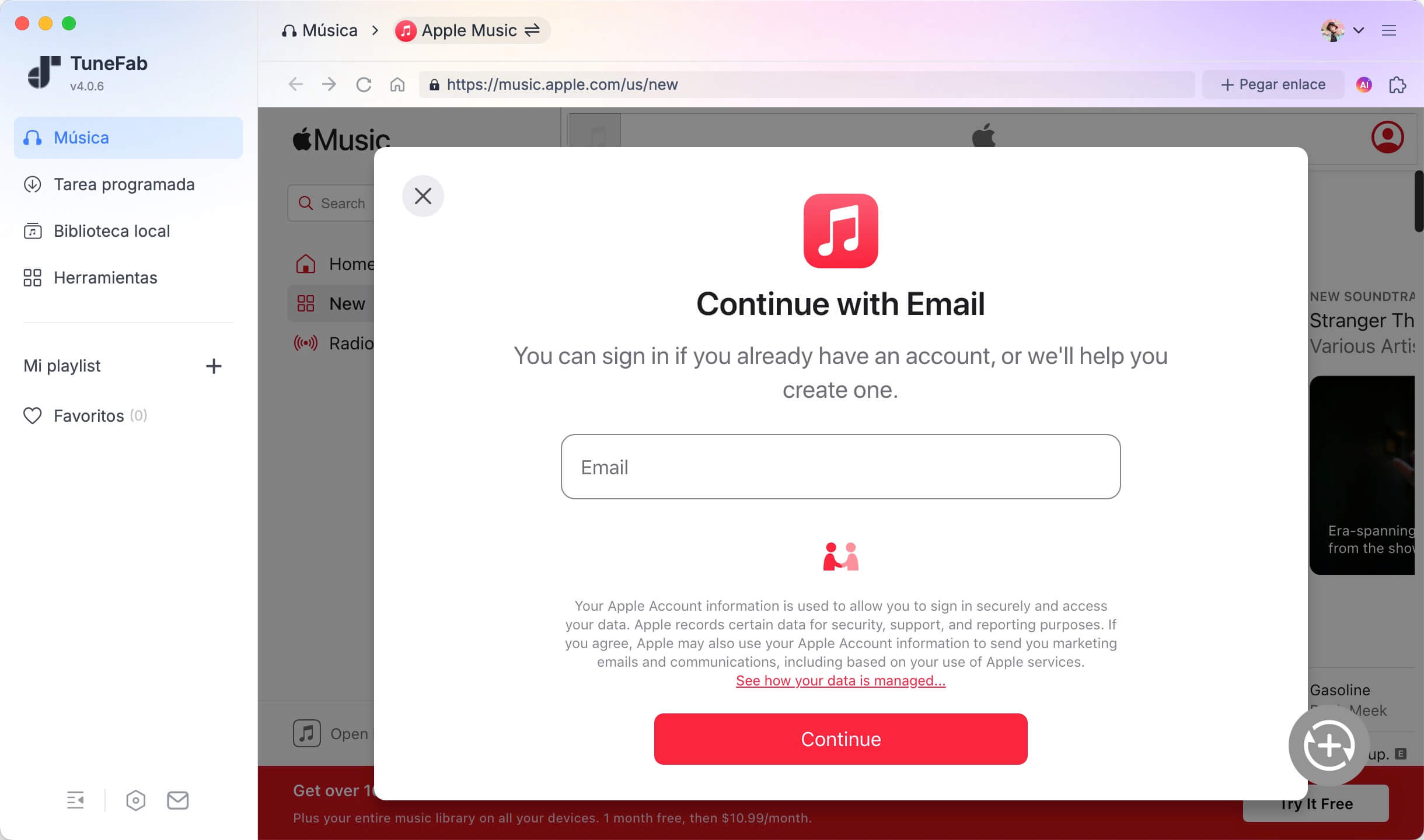 Iniciar sesión en Apple Music dentro de TuneFab
