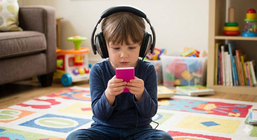Niño pequeño escuchando música en un iPod Nano con auriculares