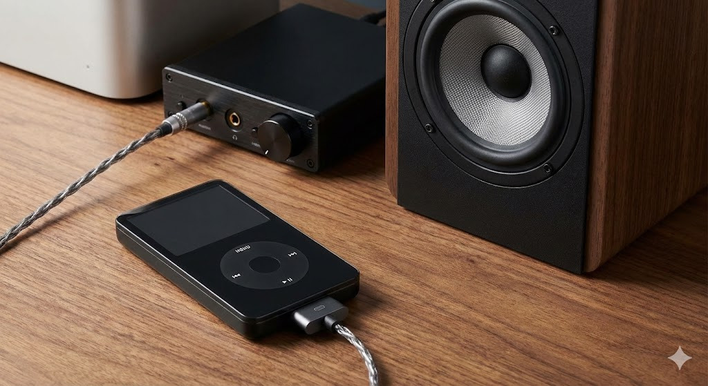 iPod Classic conectado a un amplificador y altavoces de alta fidelidad