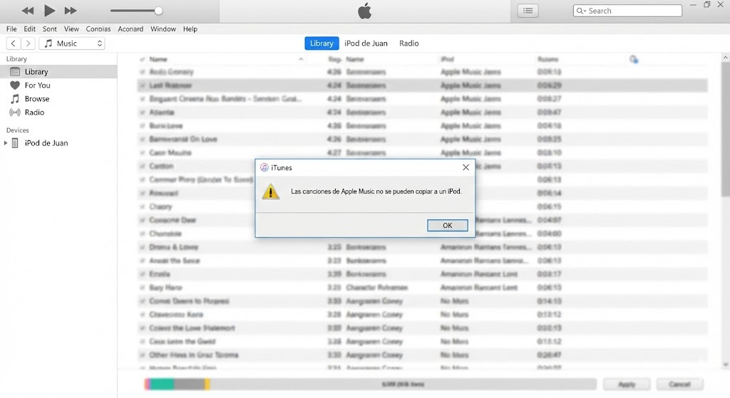 Error de iTunes: Las canciones de Apple Music no se pueden copiar a un iPod