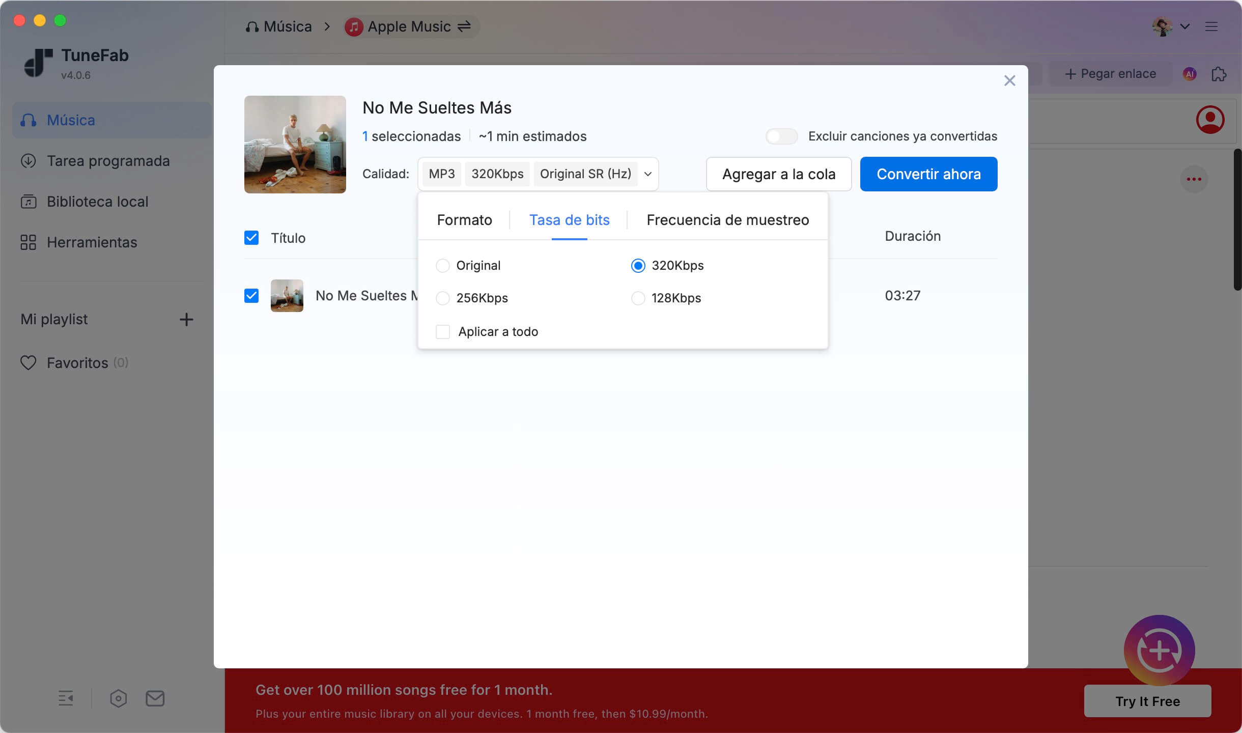 Configuración de kbps para canciones