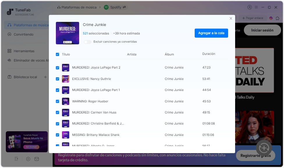 TuneFab Selecciona Formato de salida Podcast